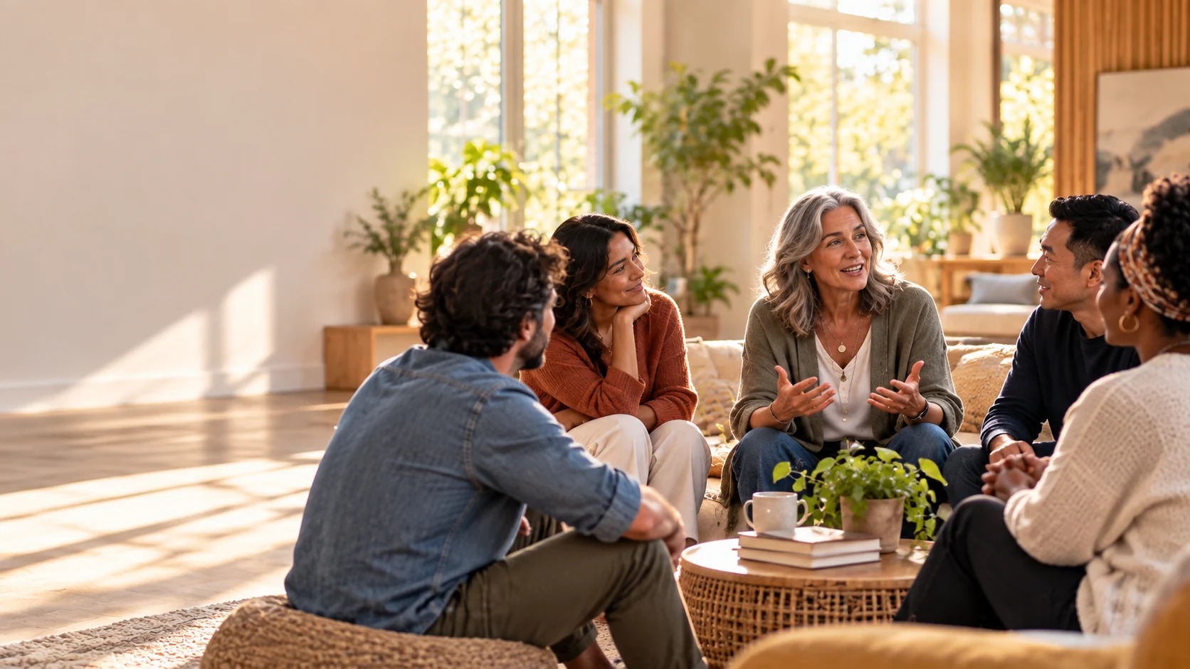 A warm, diverse support group gathered around an older woman leading a hopeful conversation