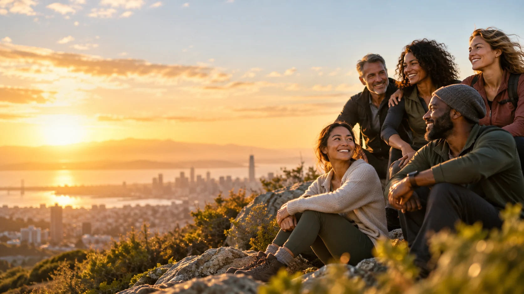 A diverse small group gathered on a mountain overlook at sunset, reflecting together and looking toward the future